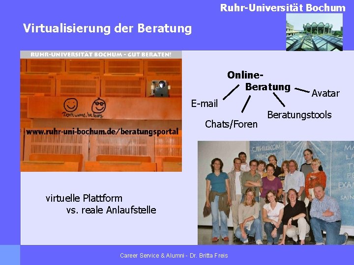 Ruhr-Universität Bochum Virtualisierung der Beratung Online. Beratung E-mail Chats/Foren virtuelle Plattform vs. reale Anlaufstelle