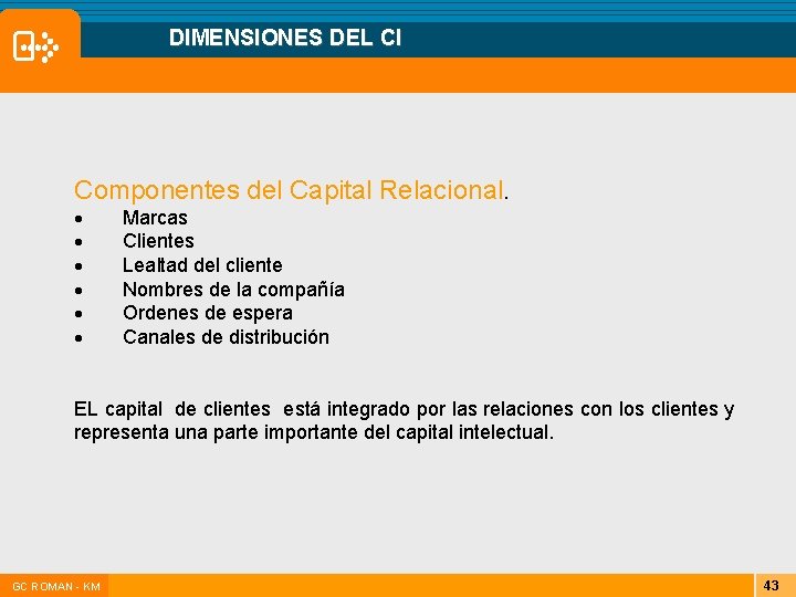 DIMENSIONES DEL CI Componentes del Capital Relacional. · Marcas · Clientes · Lealtad del