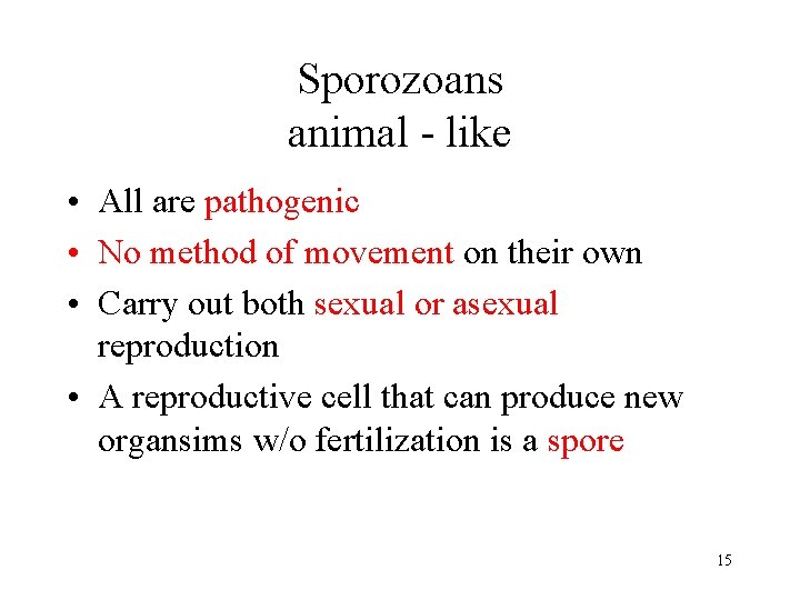 Sporozoans animal - like • All are pathogenic • No method of movement on