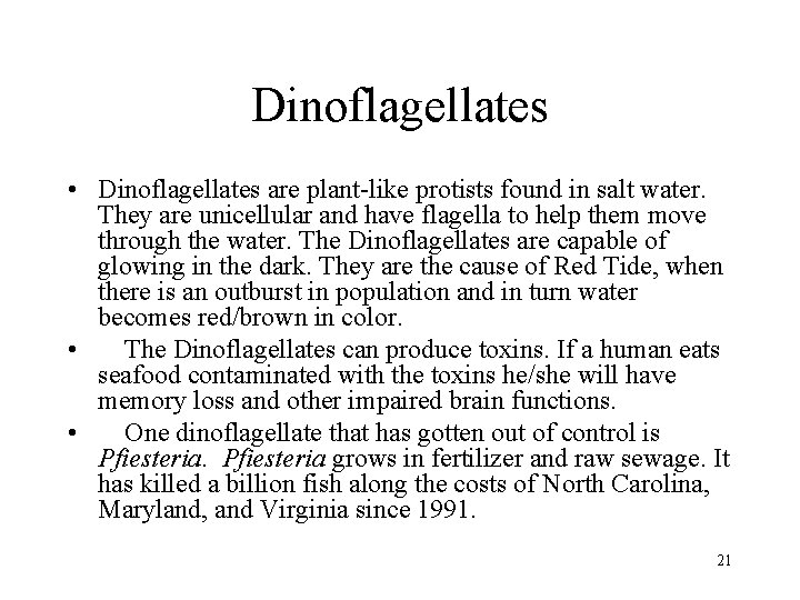 Dinoflagellates • Dinoflagellates are plant-like protists found in salt water. They are unicellular and