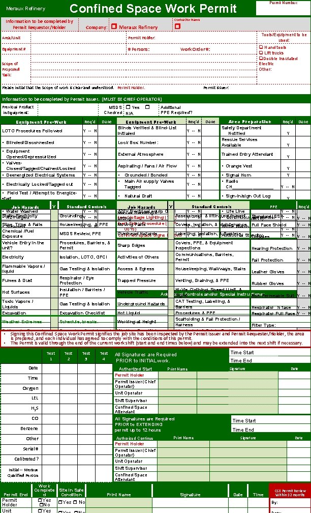 Permit Number: Confined Space Work Permit Meraux Refinery Contractor Name Information to be completed