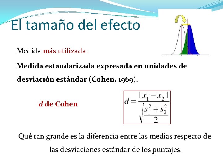 El tamaño del efecto Medida más utilizada: Medida estandarizada expresada en unidades de desviación El tamaño del efecto Medida más utilizada: Medida estandarizada expresada en unidades de desviación