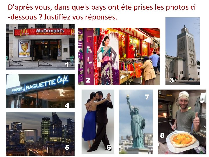 D’après vous, dans quels pays ont été prises les photos ci -dessous ? Justifiez