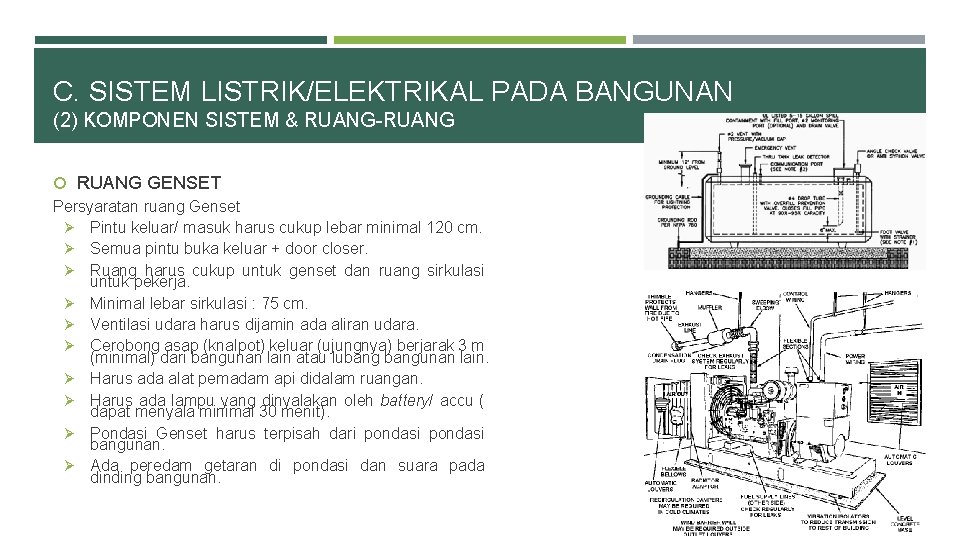 C. SISTEM LISTRIK/ELEKTRIKAL PADA BANGUNAN (2) KOMPONEN SISTEM & RUANG-RUANG GENSET Persyaratan ruang Genset