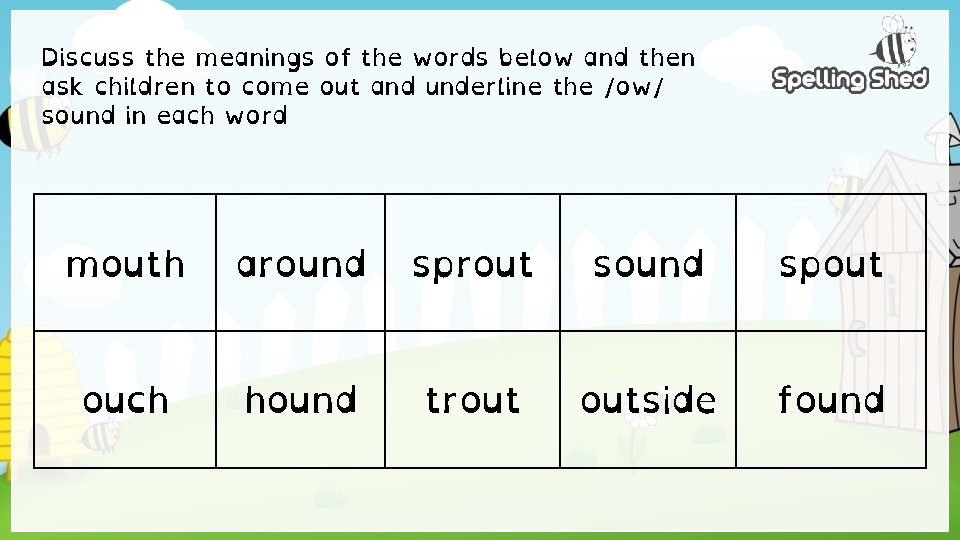 Discuss the meanings of the words below and then ask children to come out