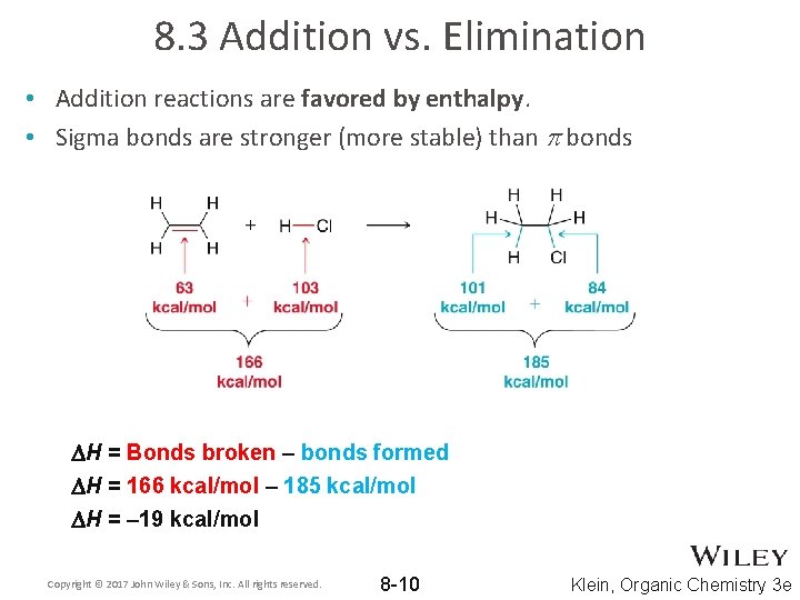 8. 3 Addition vs. Elimination • Addition reactions are favored by enthalpy. • Sigma