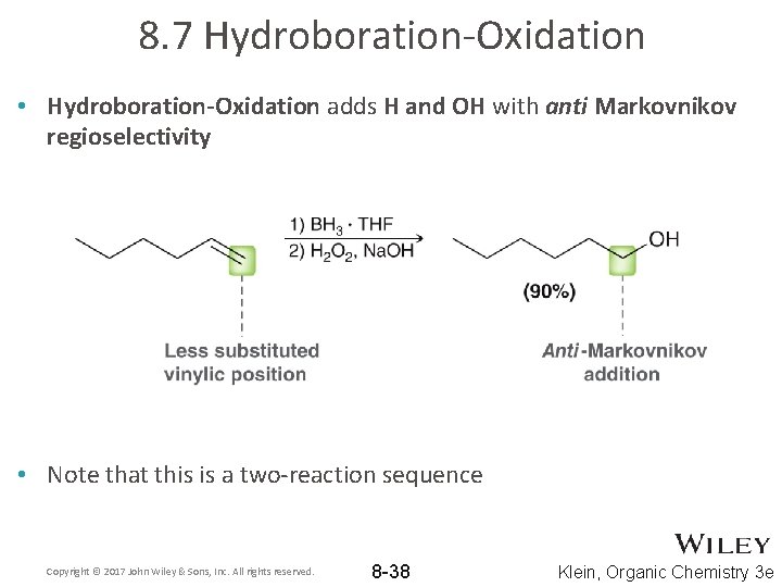 8. 7 Hydroboration-Oxidation • Hydroboration-Oxidation adds H and OH with anti Markovnikov regioselectivity •