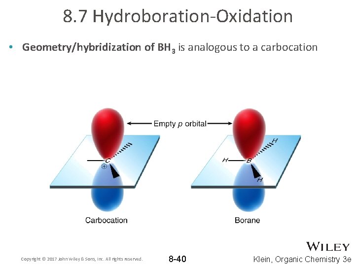 8. 7 Hydroboration-Oxidation • Geometry/hybridization of BH 3 is analogous to a carbocation Copyright