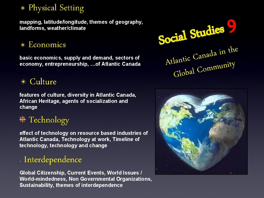 ✴ Physical Setting mapping, latitude/longitude, themes of geography, landforms, weather/climate ✴ Economics basic economics,