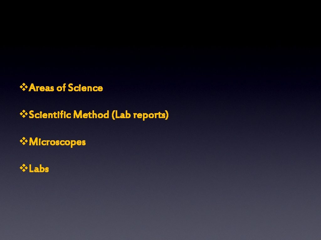 v. Areas of Science v. Scientific Method (Lab reports) v. Microscopes v. Labs 