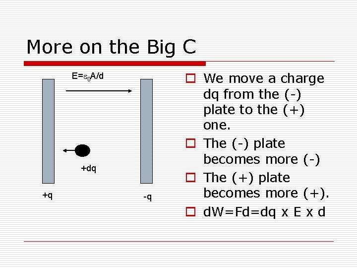 More on the Big C E=e 0 A/d +dq +q -q o We move