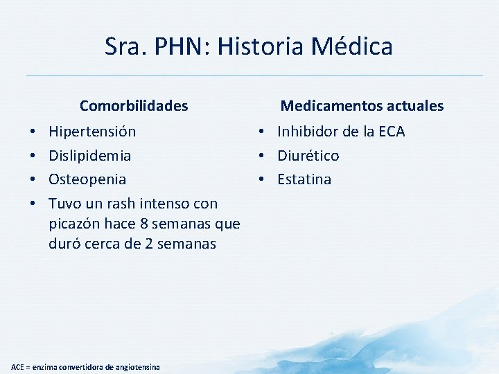 Sra. PHN: Historia Médica Comorbilidades • • Medicamentos actuales Hipertensión • Inhibidor de la