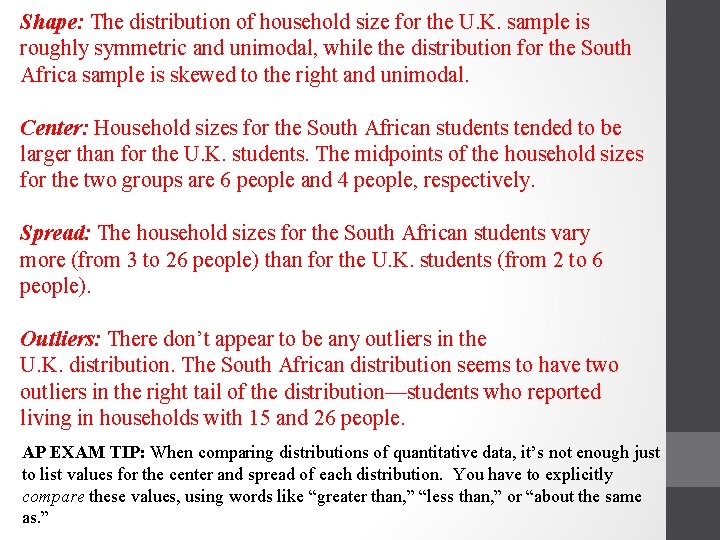 Shape: The distribution of household size for the U. K. sample is roughly symmetric