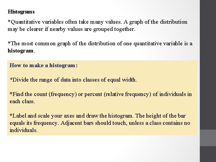 Histograms *Quantitative variables often take many values. A graph of the distribution may be