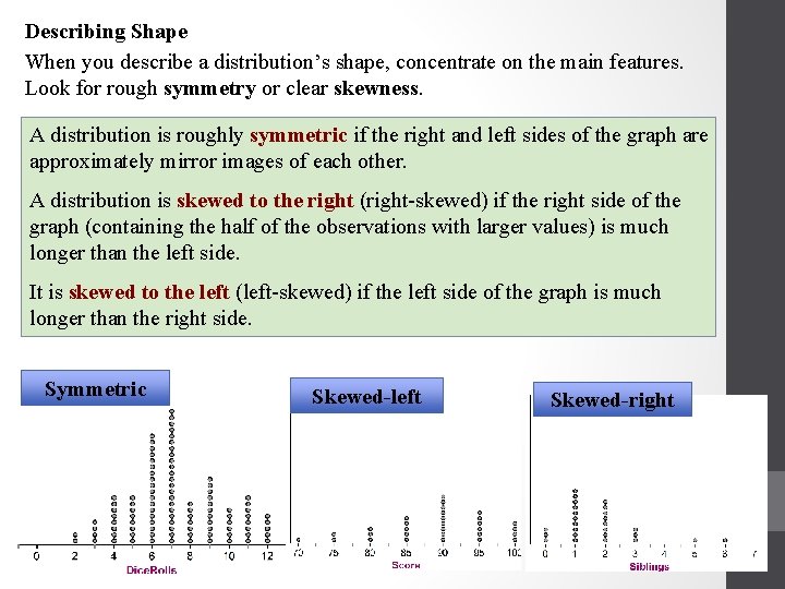 Describing Shape When you describe a distribution’s shape, concentrate on the main features. Look