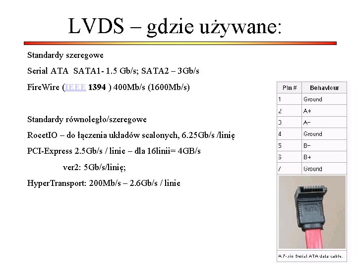 LVDS – gdzie używane: Standardy szeregowe Serial ATA SATA 1 - 1. 5 Gb/s;