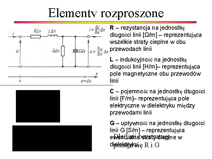 Elementy rozproszone R – rezystancja na jednostkę długości linii [Ω/m] – reprezentująca wszelkie straty
