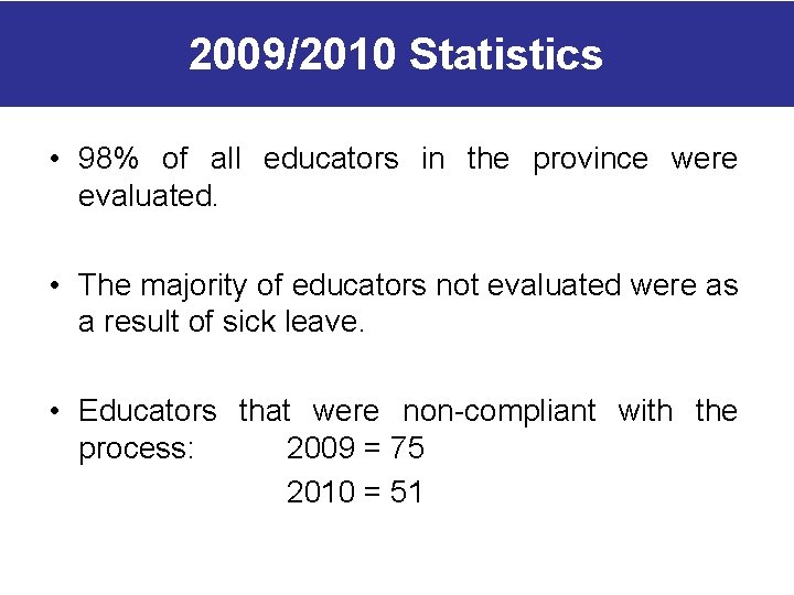 2009/2010 Statistics • 98% of all educators in the province were evaluated. • The 2009/2010 Statistics • 98% of all educators in the province were evaluated. • The