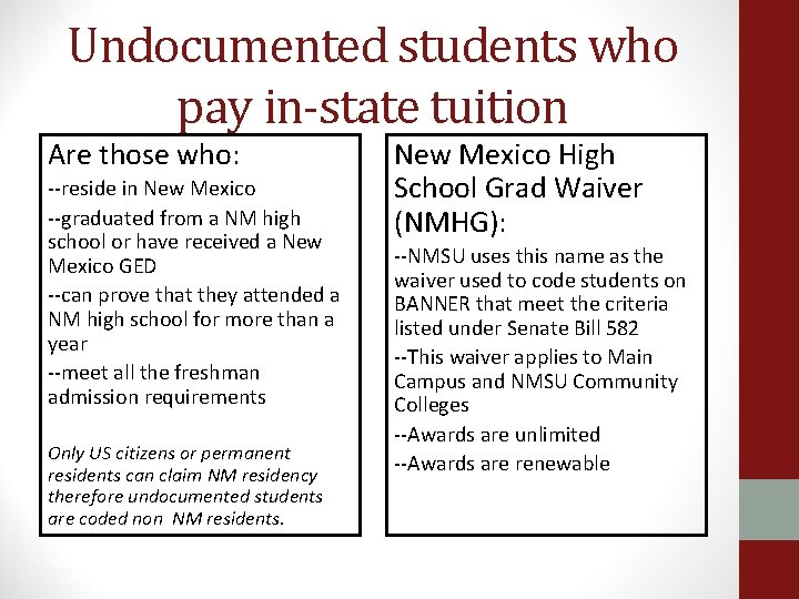 Undocumented students who pay in-state tuition Are those who: --reside in New Mexico --graduated