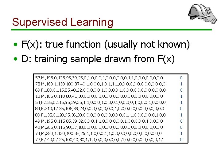 Supervised Learning • F(x): true function (usually not known) • D: training sample drawn