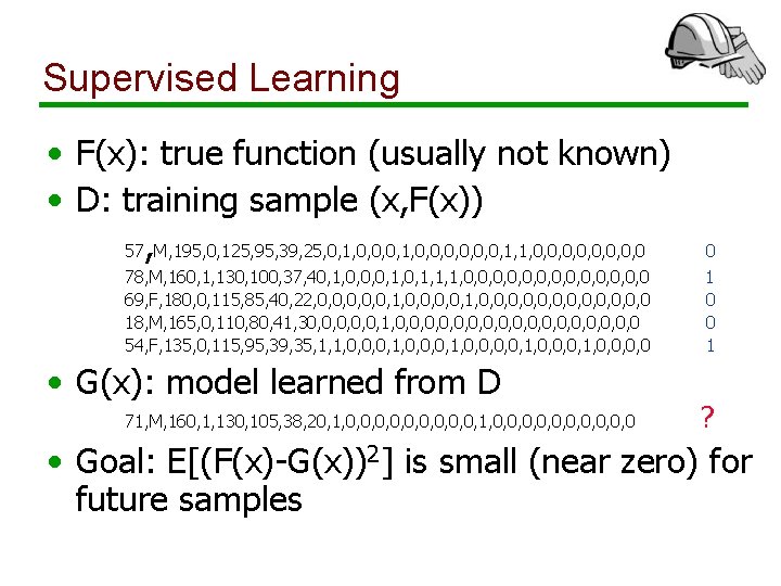 Supervised Learning • F(x): true function (usually not known) • D: training sample (x,