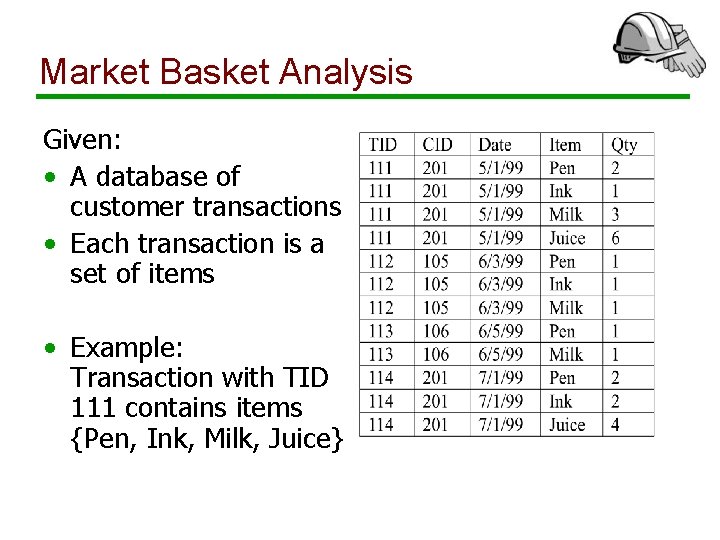 Market Basket Analysis Given: • A database of customer transactions • Each transaction is