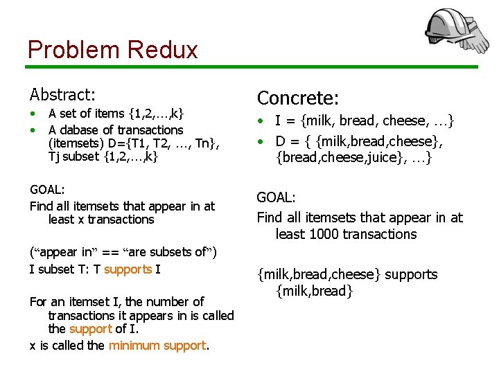 Problem Redux Abstract: • • A set of items {1, 2, …, k} A