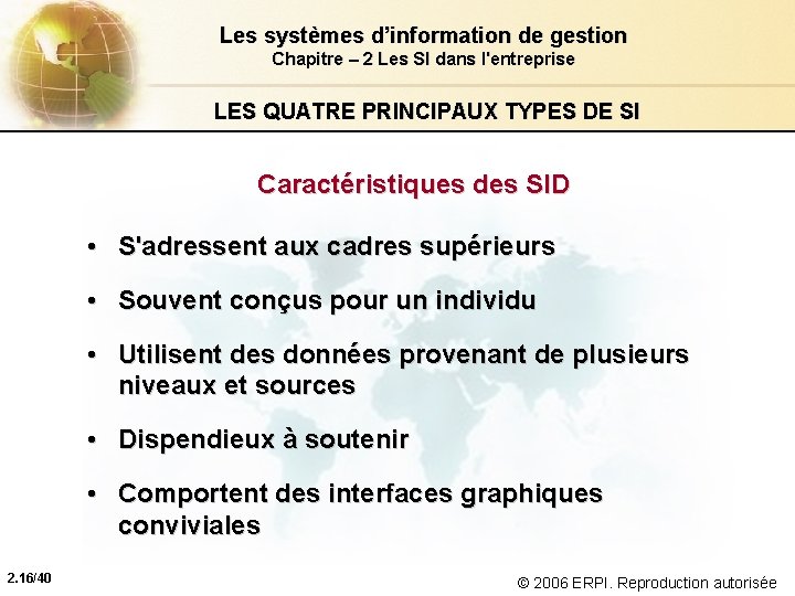 Les systèmes d’information de gestion Chapitre – 2 Les SI dans l'entreprise LES QUATRE