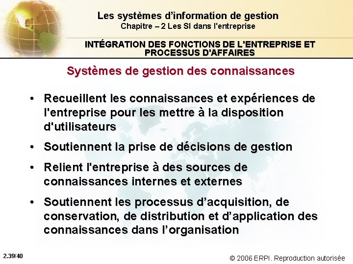 Les systèmes d’information de gestion Chapitre – 2 Les SI dans l'entreprise INTÉGRATION DES