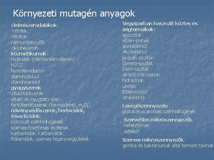 Környezeti mutagén anyagok élelmiszeradalékok: nitritek, nitrátok nátriumbisziulfit ciklohexamin kozmetikumok: hajfesték (nitrofenilén-diamin) H 2 O