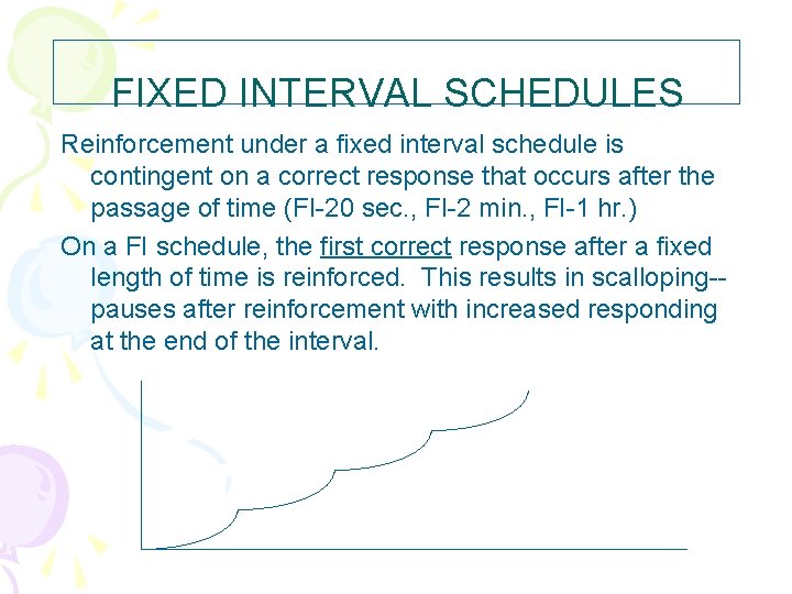 FIXED INTERVAL SCHEDULES Reinforcement under a fixed interval schedule is contingent on a correct