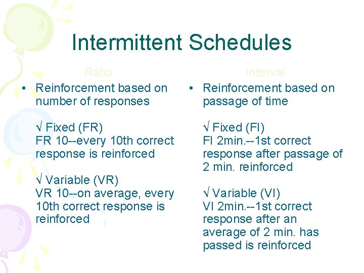 Intermittent Schedules Ratio • Reinforcement based on number of responses √ Fixed (FR) FR