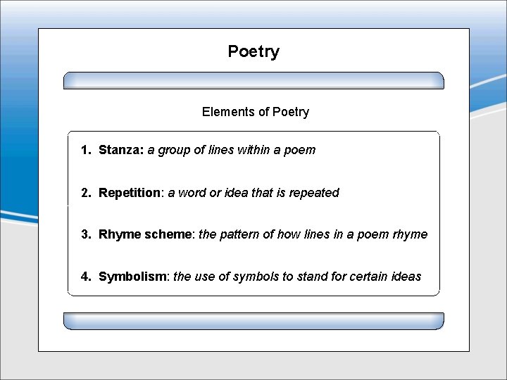 Poetry Elements of Poetry 1. Stanza: a group of lines within a poem 2.