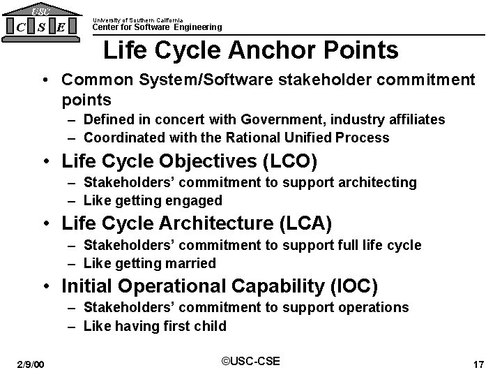 USC C S E University of Southern California Center for Software Engineering Life Cycle USC C S E University of Southern California Center for Software Engineering Life Cycle