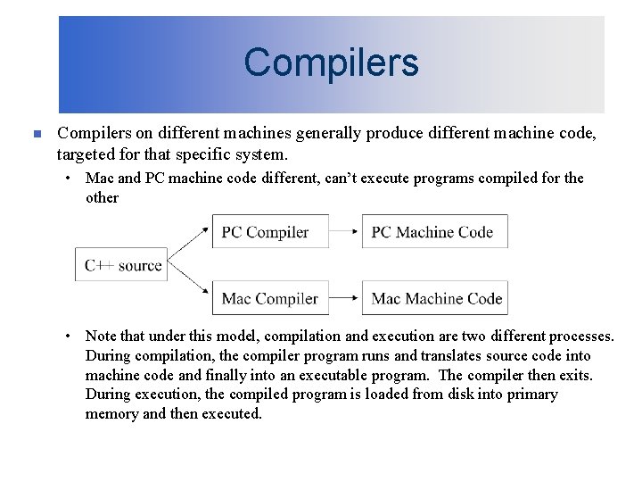 Compilers n Compilers on different machines generally produce different machine code, targeted for that