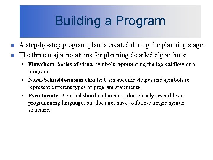Building a Program n n A step-by-step program plan is created during the planning