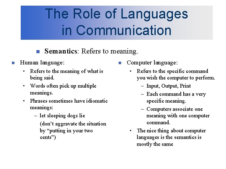 The Role of Languages in Communication n n Semantics: Refers to meaning. Human language: