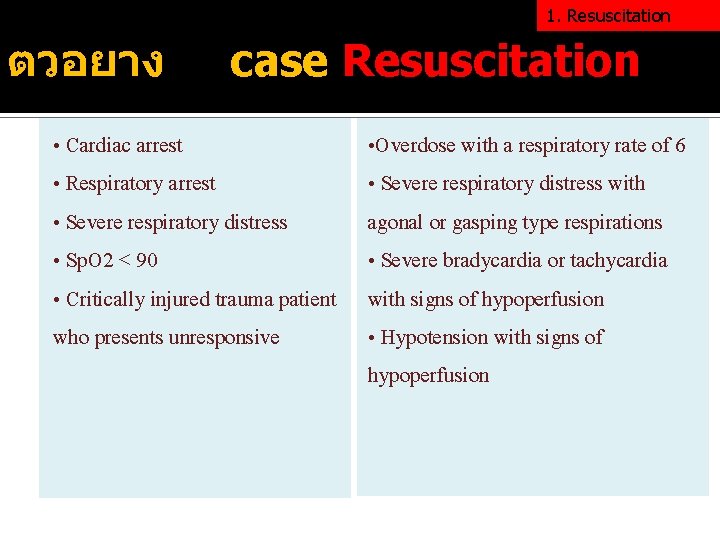 1. Resuscitation ตวอยาง case Resuscitation • Cardiac arrest • Respiratory arrest • Severe respiratory