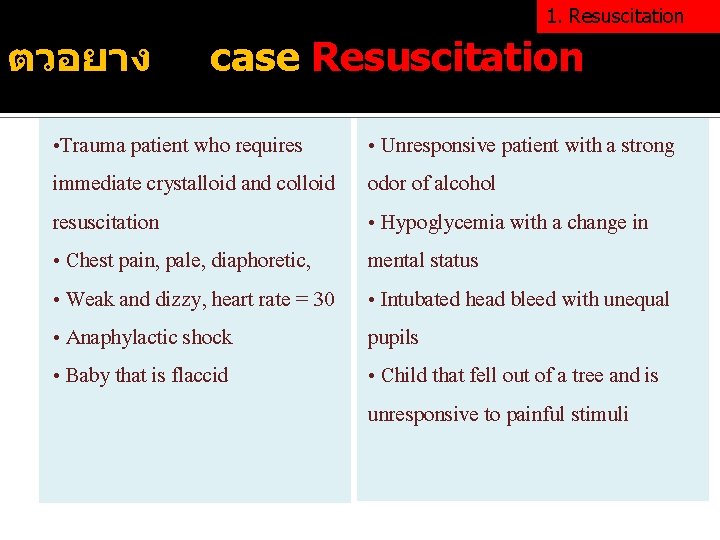 1. Resuscitation ตวอยาง case Resuscitation • Trauma patient who requires immediate crystalloid and colloid