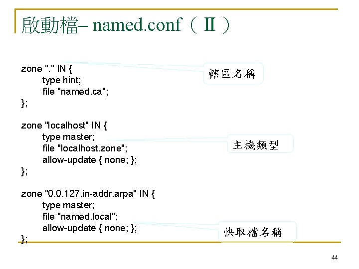啟動檔– named. conf（Ⅱ） zone ". " IN { type hint; file "named. ca"; };