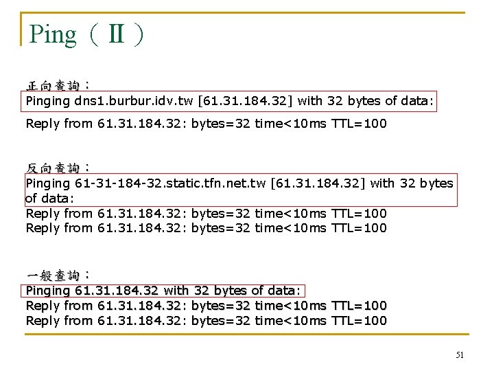 Ping（Ⅱ） 正向查詢： Pinging dns 1. burbur. idv. tw [61. 31. 184. 32] with 32