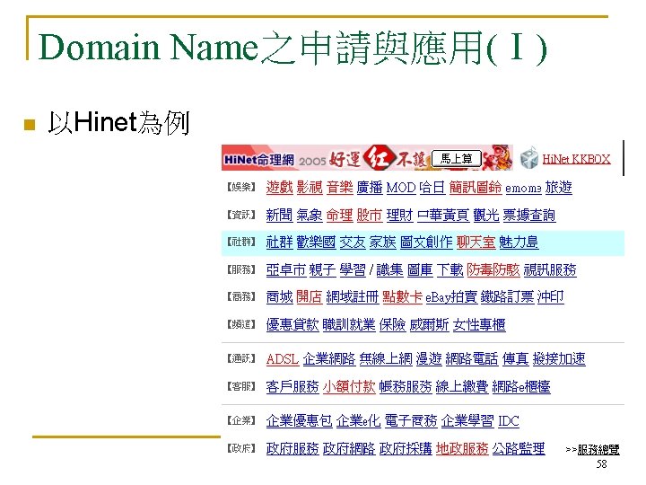 Domain Name之申請與應用(Ⅰ) n 以Hinet為例 58 