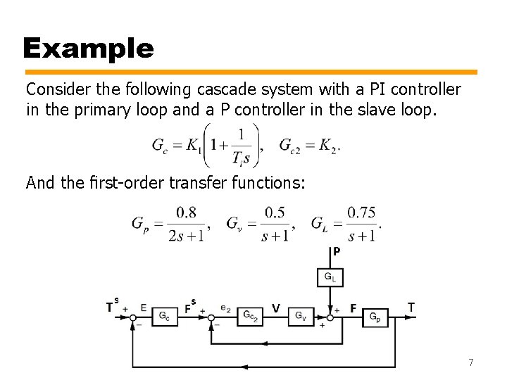 Example Consider the following cascade system with a PI controller in the primary loop