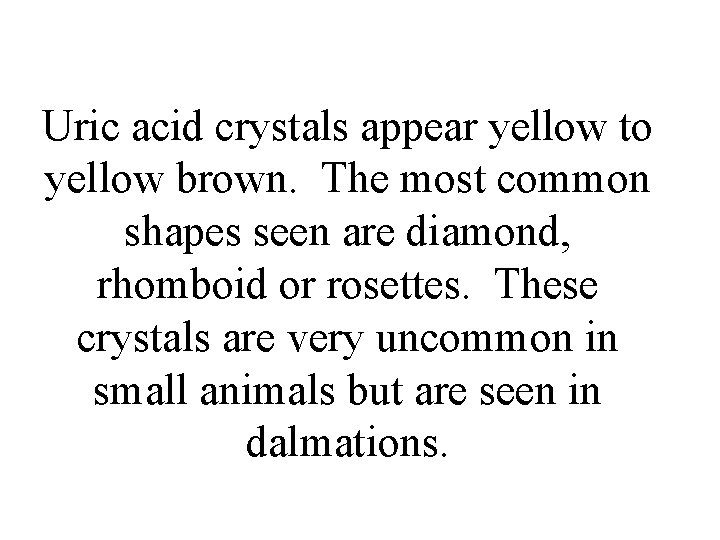 Uric acid crystals appear yellow to yellow brown. The most common shapes seen are