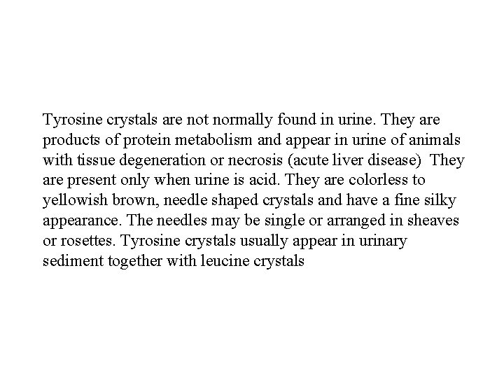 Tyrosine crystals are not normally found in urine. They are products of protein metabolism