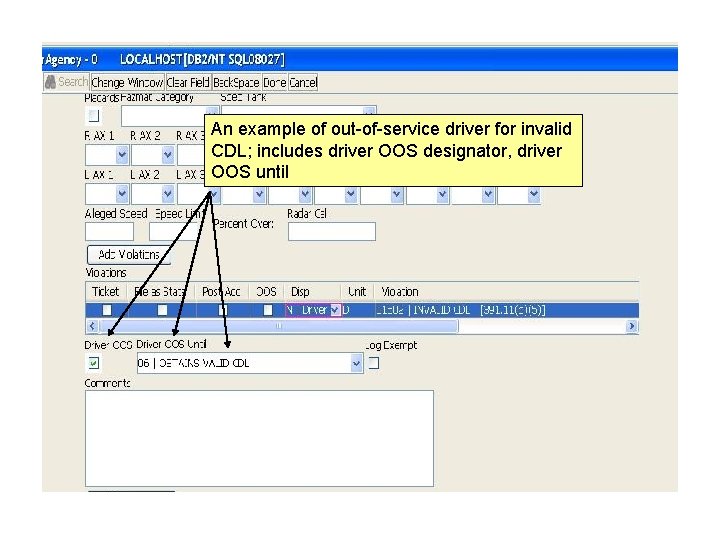 An example of out-of-service driver for invalid CDL; includes driver OOS designator, driver OOS