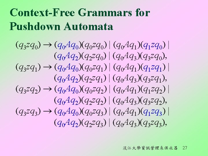 Context-Free Grammars for Pushdown Automata (q 3 zq 0) (q 0 Aq 0)(q 0 Context-Free Grammars for Pushdown Automata (q 3 zq 0) (q 0 Aq 0)(q 0