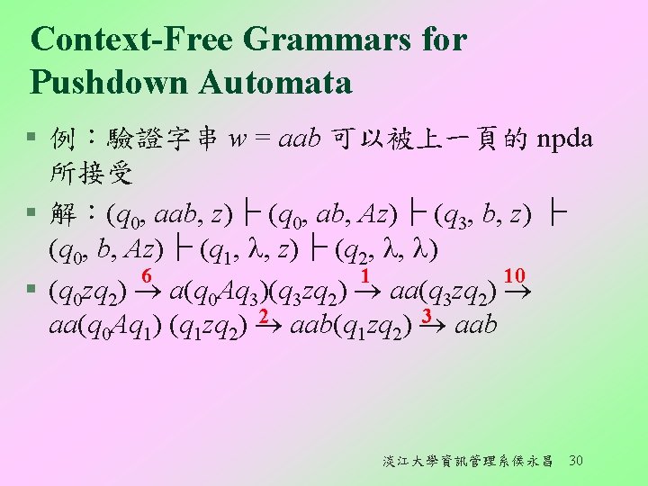 Context-Free Grammars for Pushdown Automata § 例:驗證字串 w = aab 可以被上一頁的 npda 所接受 § Context-Free Grammars for Pushdown Automata § 例:驗證字串 w = aab 可以被上一頁的 npda 所接受 §