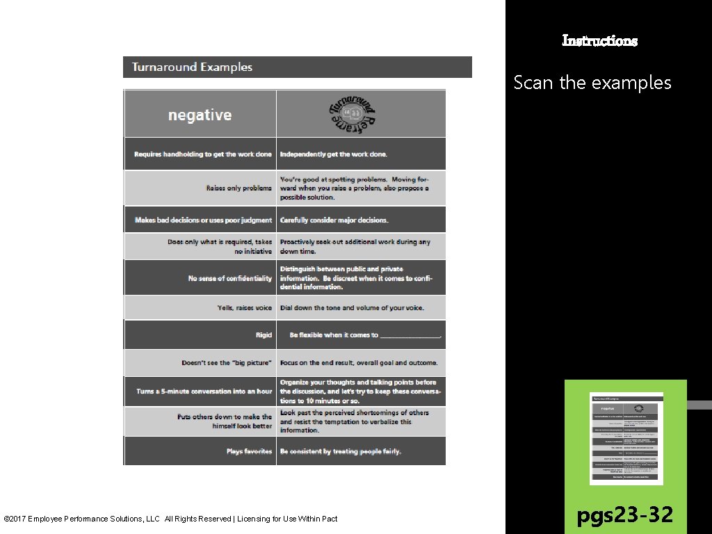 Instructions Scan the examples © 2017 Employee Performance Solutions, LLC All Rights Reserved | Instructions Scan the examples © 2017 Employee Performance Solutions, LLC All Rights Reserved |