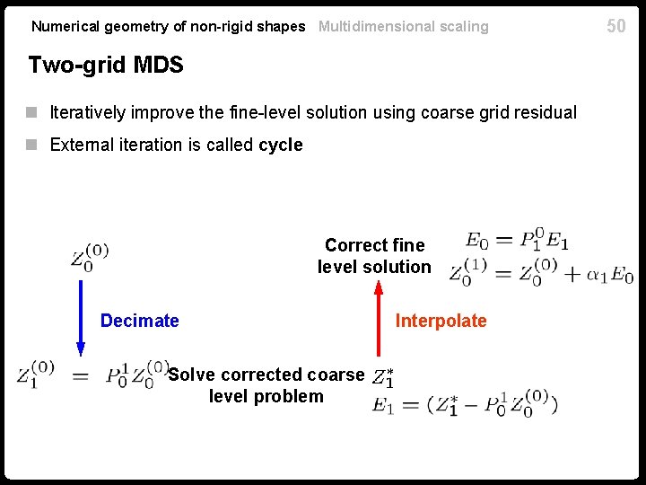 Numerical geometry of non-rigid shapes Multidimensional scaling Two-grid MDS n Iteratively improve the fine-level